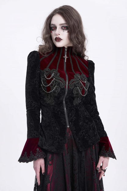Black/Red Stand Collar Long Trumpet Sleeves Embroidery Women's Gothic Jacket