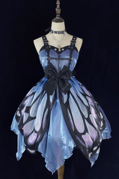 Black/Blue Butterfly Effect Sleeveless Print Bowknot Version Gothic Punk Lolita Dress