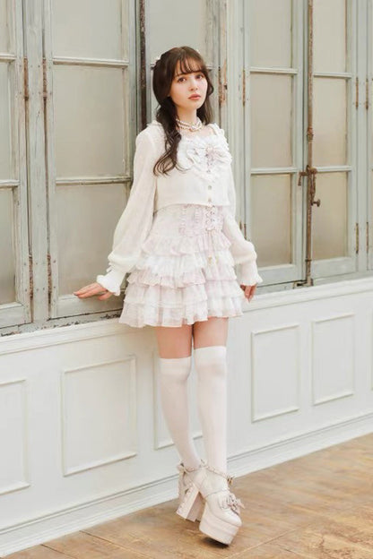 Jirai Kei Long Sleeves Multi-Layered Printed Ruffled Bow Sweet Dress 3 Colors