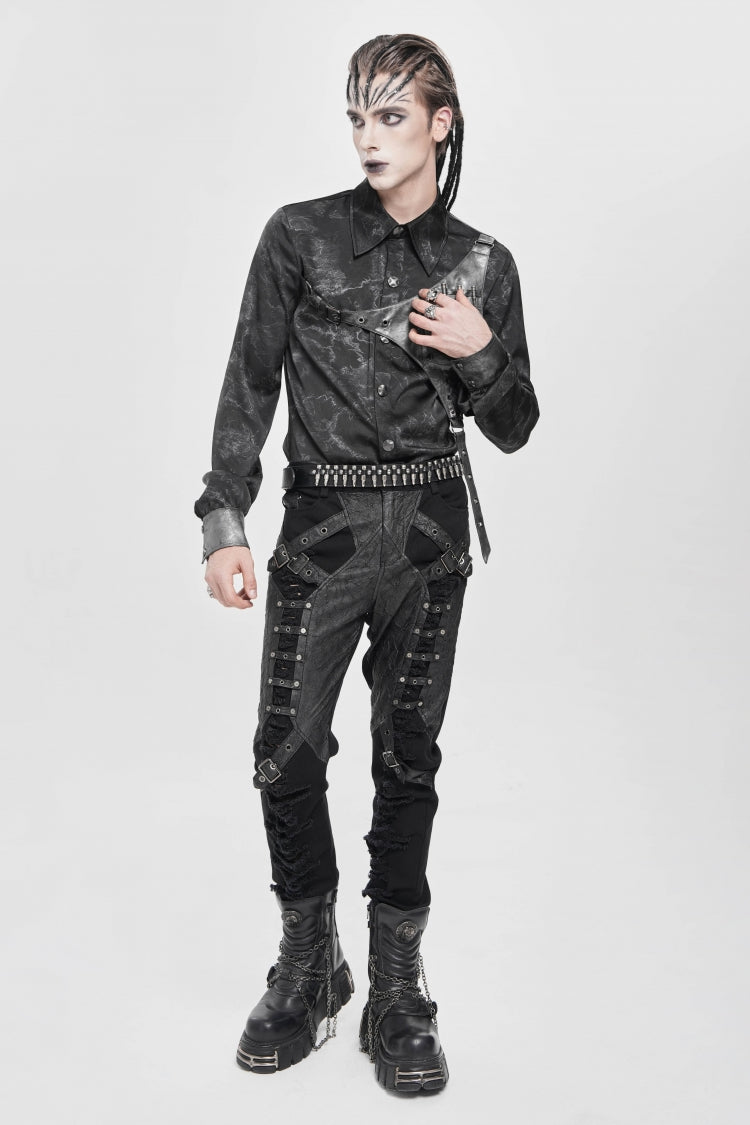 Black Ripped Buckle Straps Men's Punk Pants