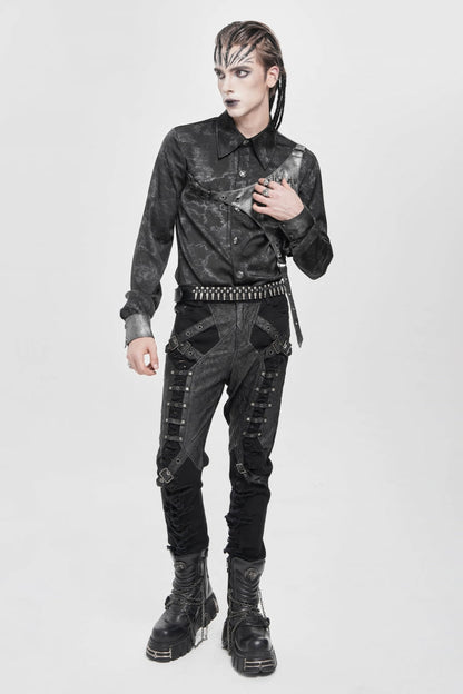 Black Ripped Buckle Straps Men's Punk Pants