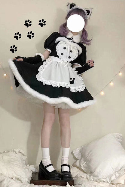 Black/White Cat Paw Print Short Sleeves Maid Sweet Lolita Dress Set