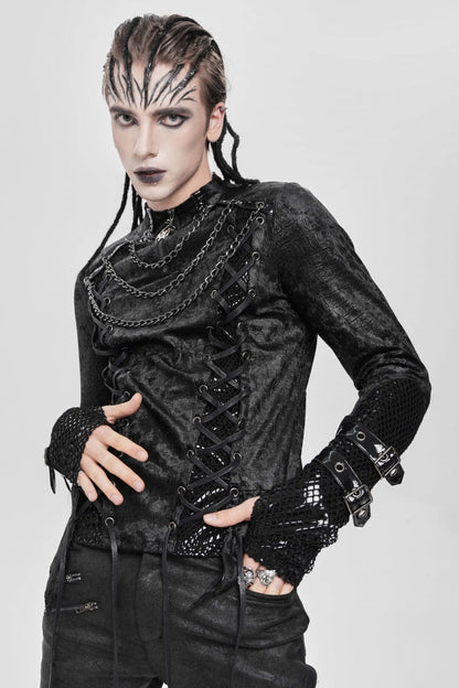 Black Stitching Lace-Up Mesh Chain Men's Punk Blouse