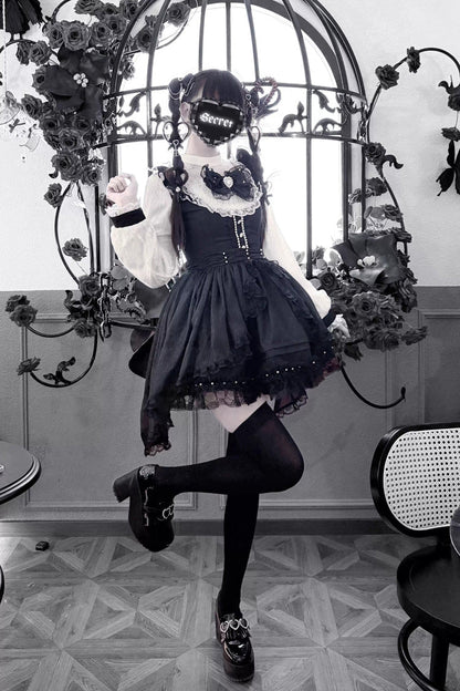 Black/White [Thorn Doll] Long Sleeves Ruffled Bow Pearl-Decorated Gothic Jirai Kei Dress