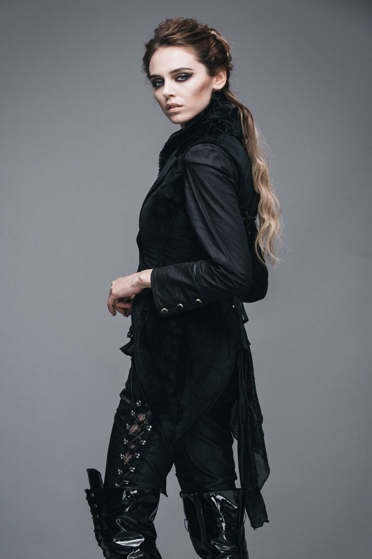 Black Spun Velvet Chinese Frog Button Floral Spiral Pattern Asymmetrical Hem Lace Up Women's Gothic Waistcoat