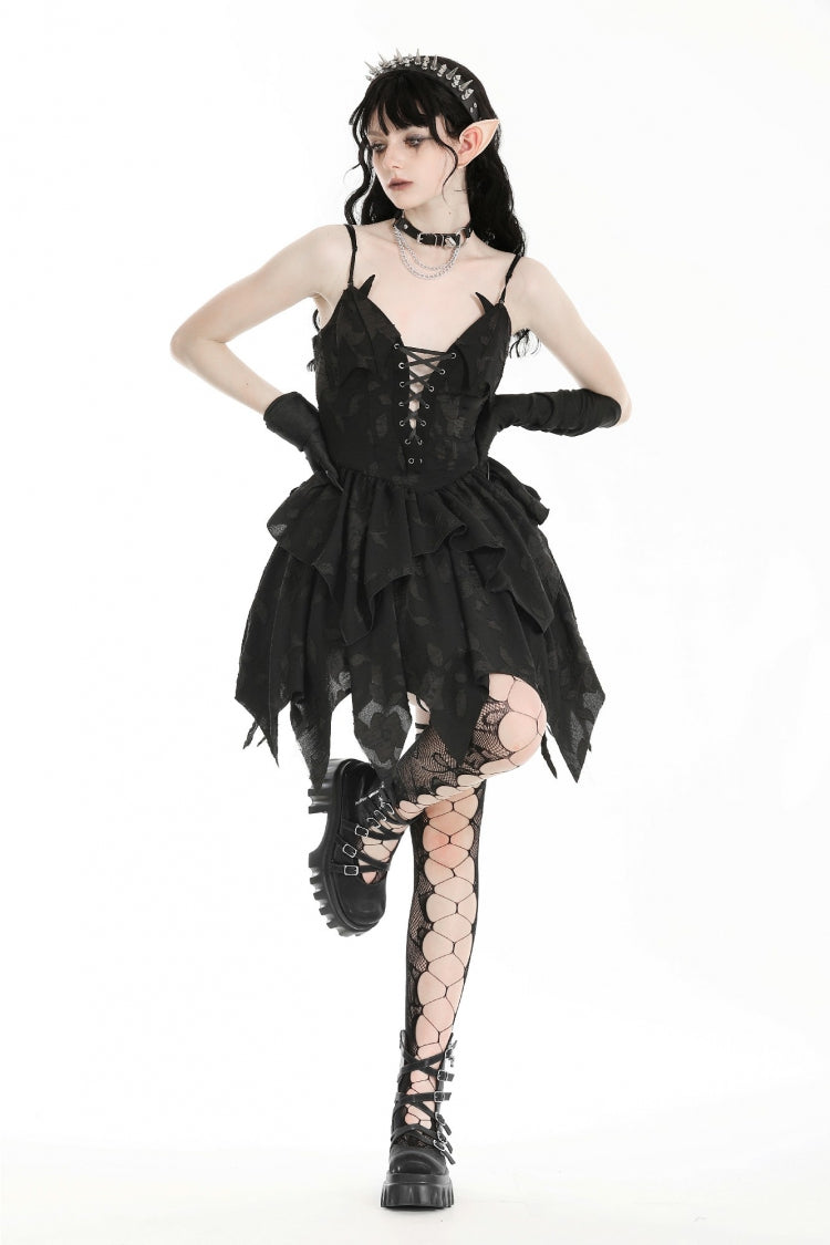 Black V Collar Sleeveless Halloween Printed Irregular Women's Gothic Slip Dress