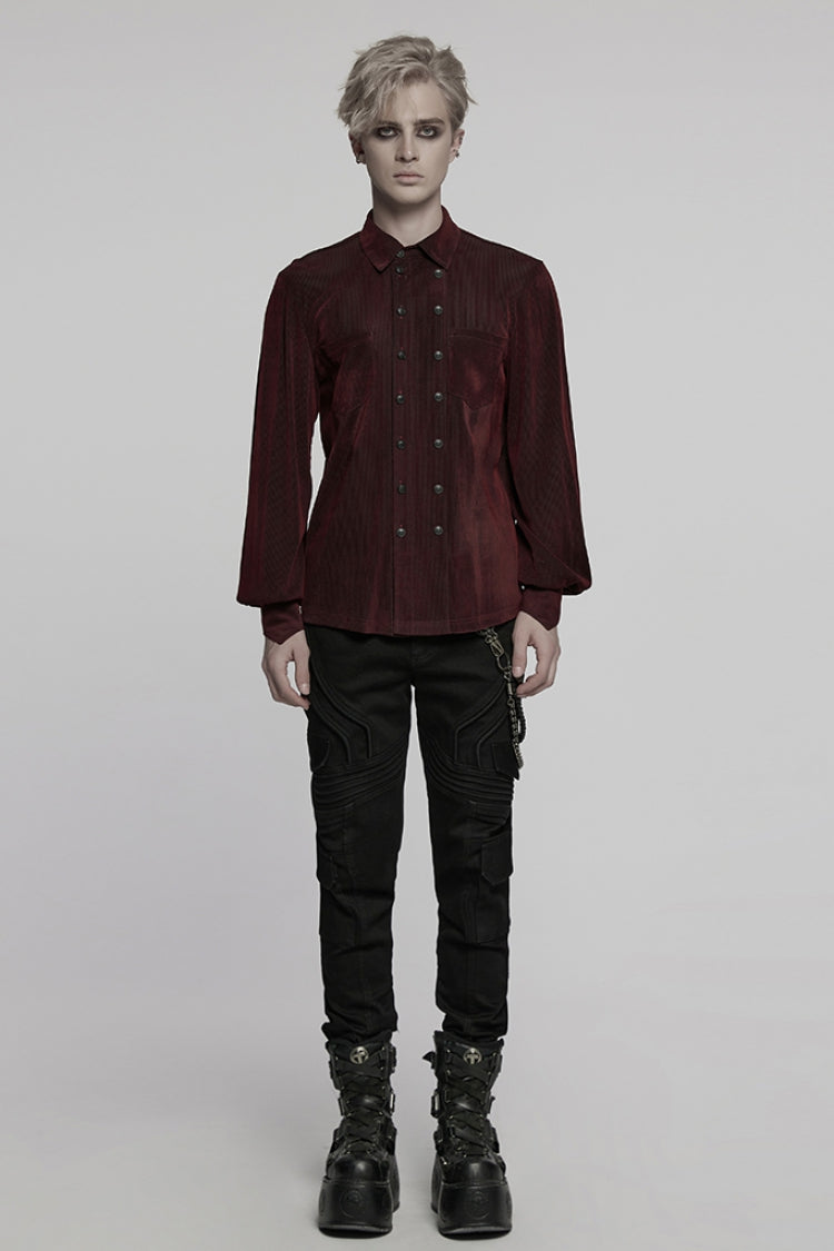 Black/Red Double-breasted Long Puff Sleeves Men's Gothic Blouse