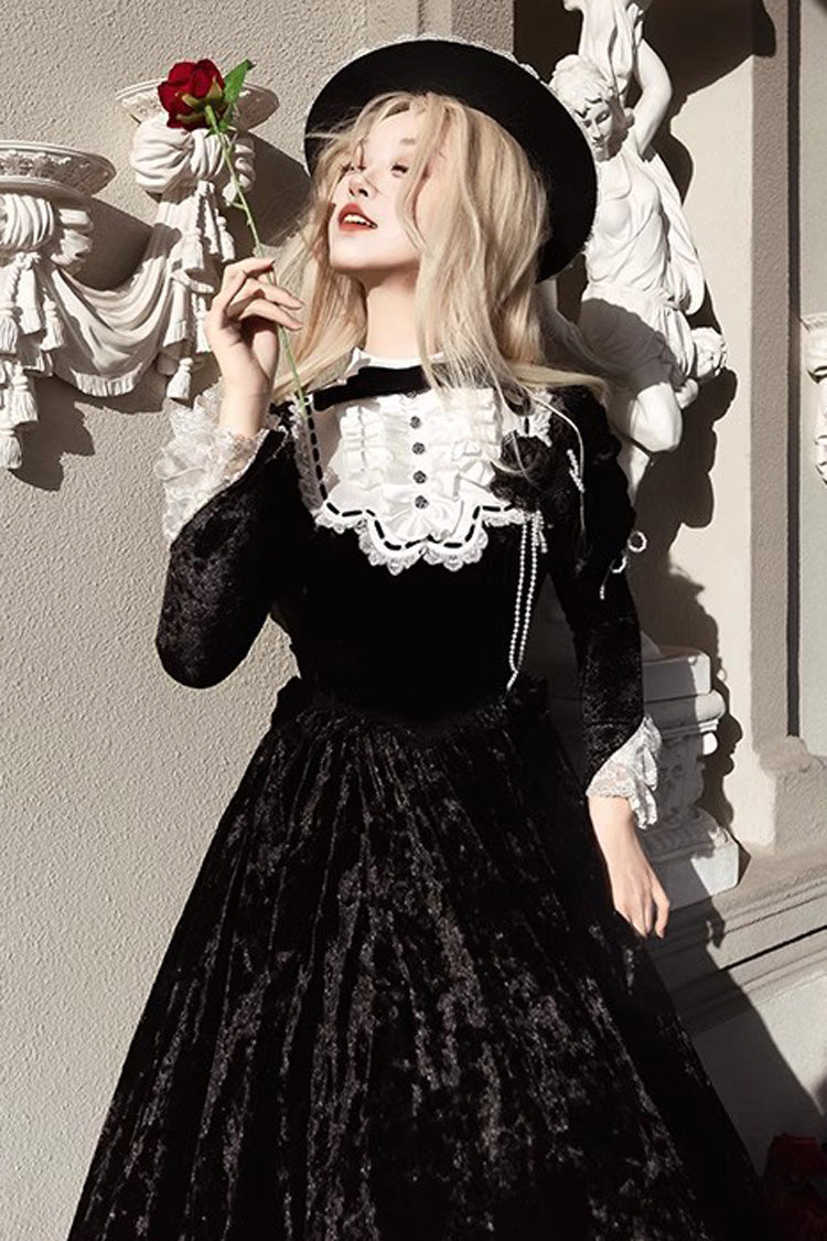 Black [Whispering Castle] Long Sleeves Ruffle Bowknot Lace Gothic Lolita Dress