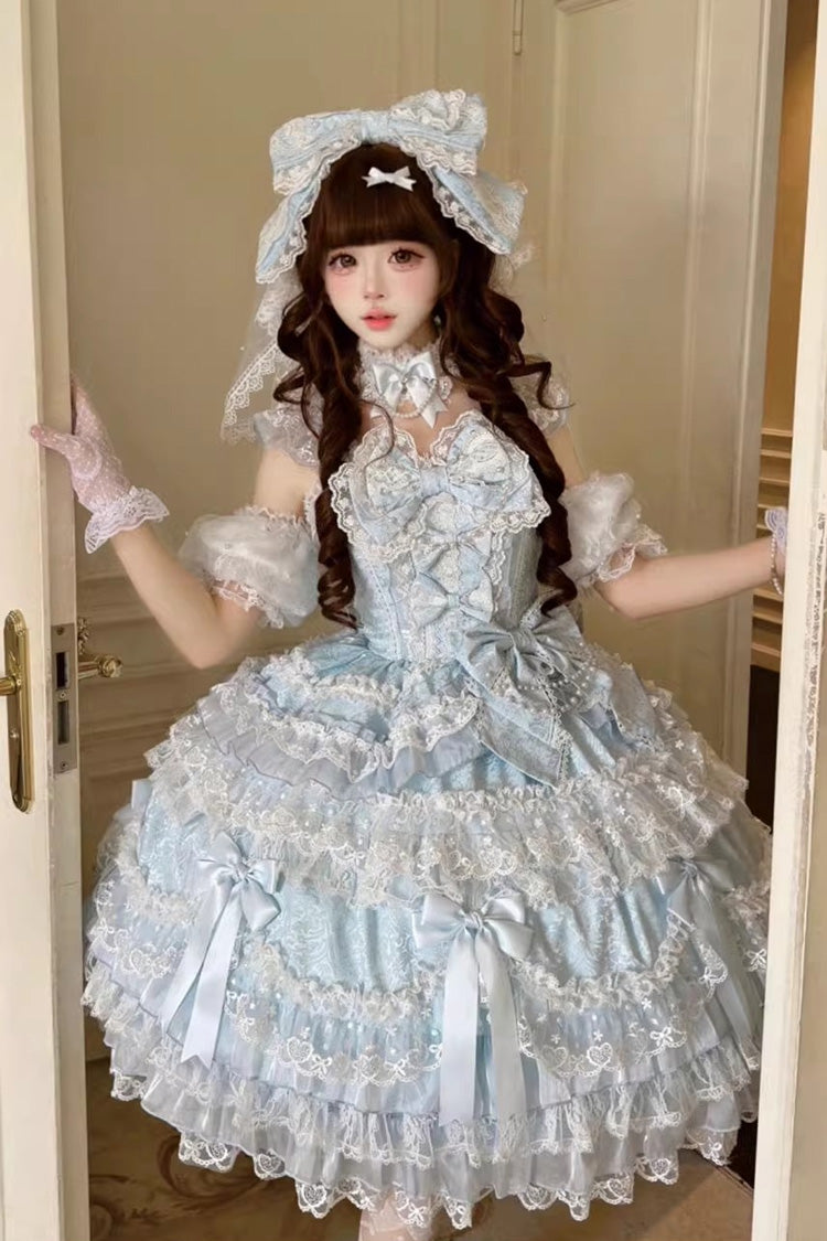 Blue [Dream of the Misty Moon] Sleeveless Multi-Layered Ruffled Bow Lace Pearl-Decorated Sweet Princess Lolita Jsk Dress