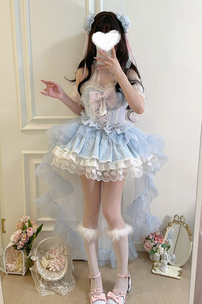 Blue [Rain and Flowers] Halterneck Jacquard Ruffle Bowknot Lace Sweet Lolita Jsk Dress