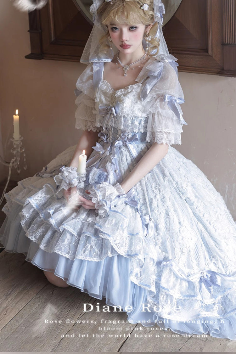 Blue [Diane Rose] Short Sleeves Multi-Layered Jacquard Ruffle Hanayome Cardigan Bowknot Lace Sweet Lolita Dress