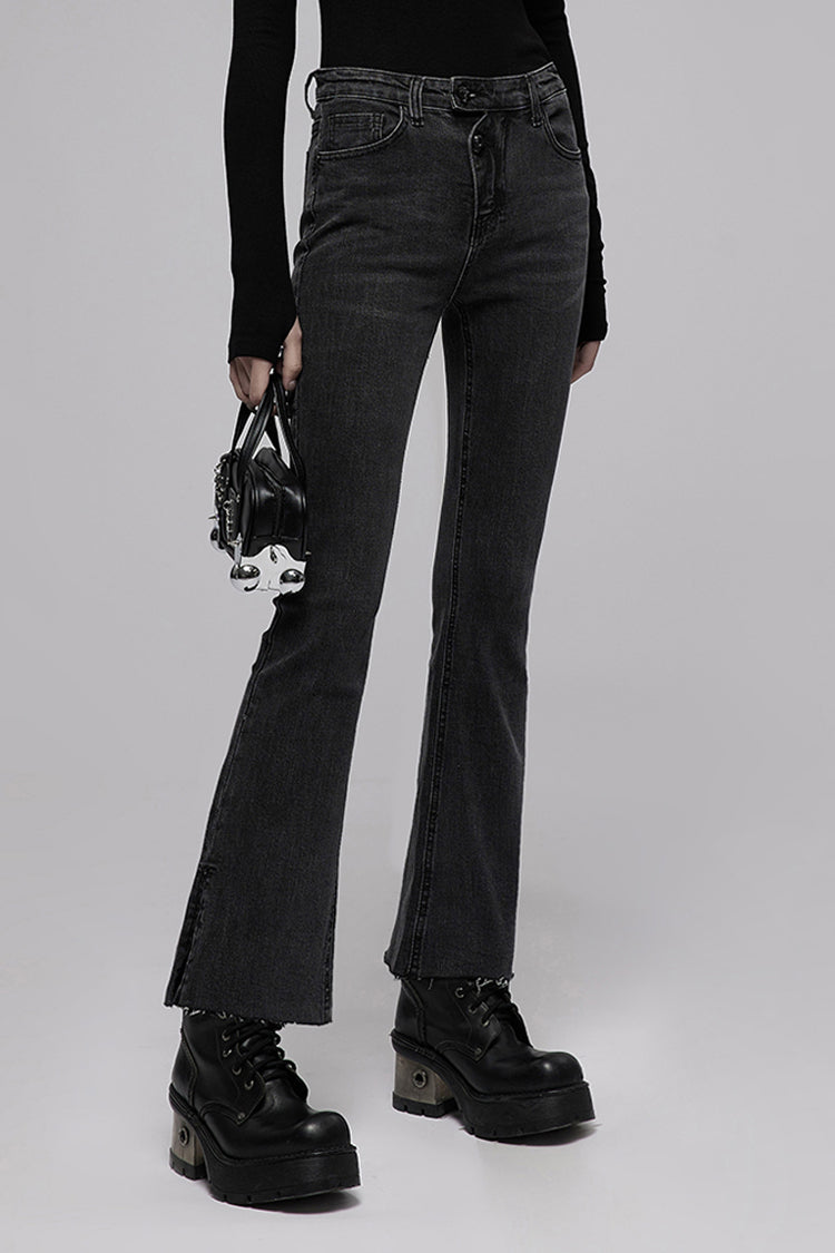 Black Tight Elastic Distressed Denim Asymmetrical Placket Medium Waist Women's Punk Flared Pants