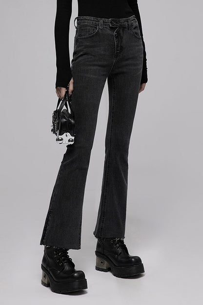 Black Tight Elastic Distressed Denim Asymmetrical Placket Medium Waist Women's Punk Flared Pants