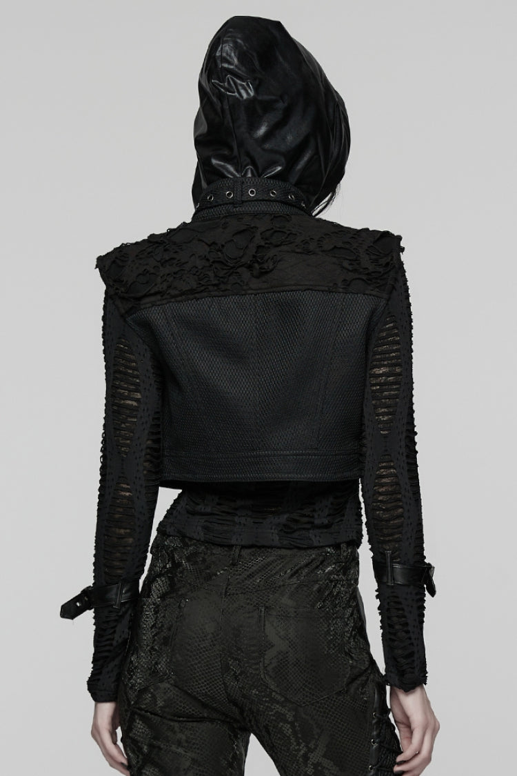 Black Stand Collar Sleeveless Ripped Buckle Women's Punk Short Vest