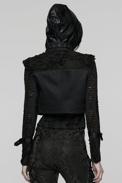 Black Stand Collar Sleeveless Ripped Buckle Women's Punk Short Vest