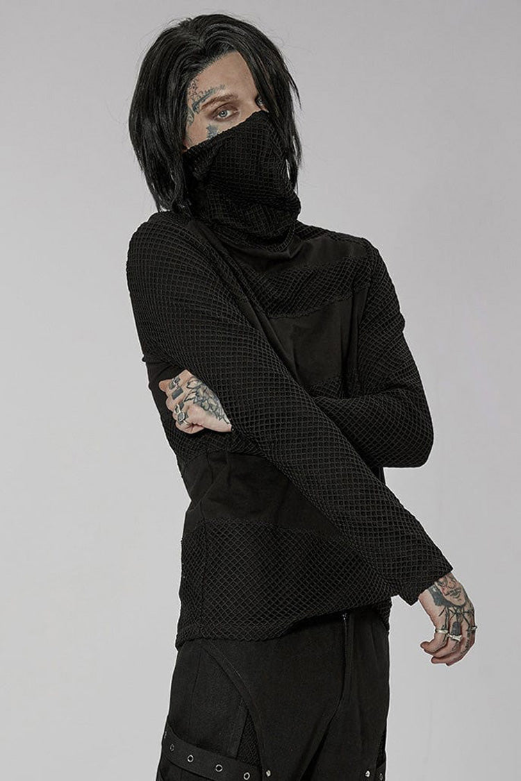 Black Punk Super High Collar Masked Hanging Ear Splicing Mesh Long Sleeves Men's T-Shirt