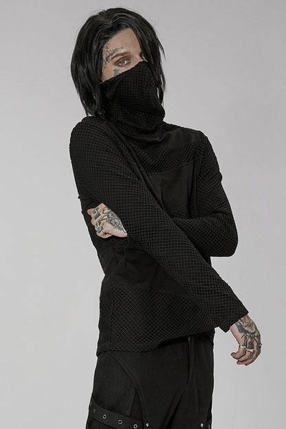 Black Punk Super High Collar Masked Hanging Ear Splicing Mesh Long Sleeves Men's T-Shirt