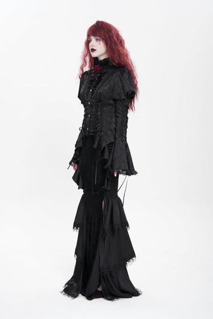 Black Stand Collar Long Puff Sleeves Floral Jacquard Lace-Up Women's Gothic Blouse
