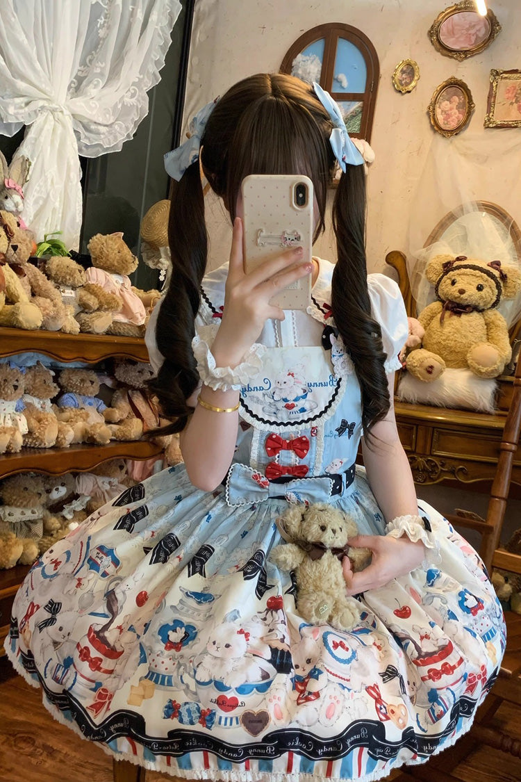Blue [Mystery Rabbit Tea Party] Sleeveless Print Bowknot Lace Sweet Lolita Strap Dress