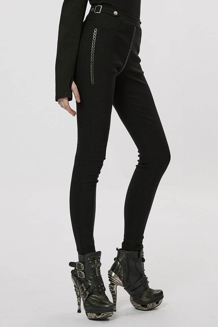 Black Slim Silver Chain Metal Rivets Women's Steampunk Military Leggings