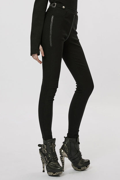 Black Slim Silver Chain Metal Rivets Women's Steampunk Military Leggings