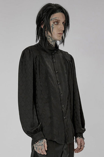 Black Punk Turtleneck Dragon Scale Jacquard Long Lantern Sleeves Lace Edge Men's Shirt