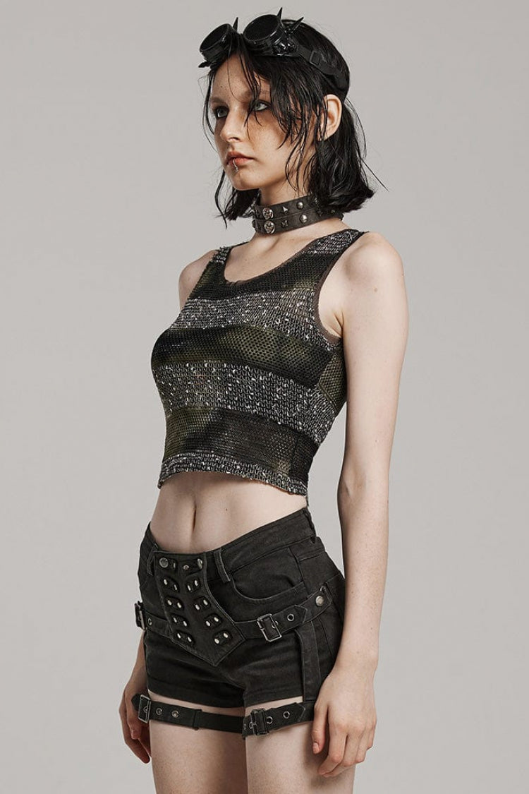 Black/Green Round Collar Sleeveless Hollow Slim Striped Womens Daily Steampunk Vest