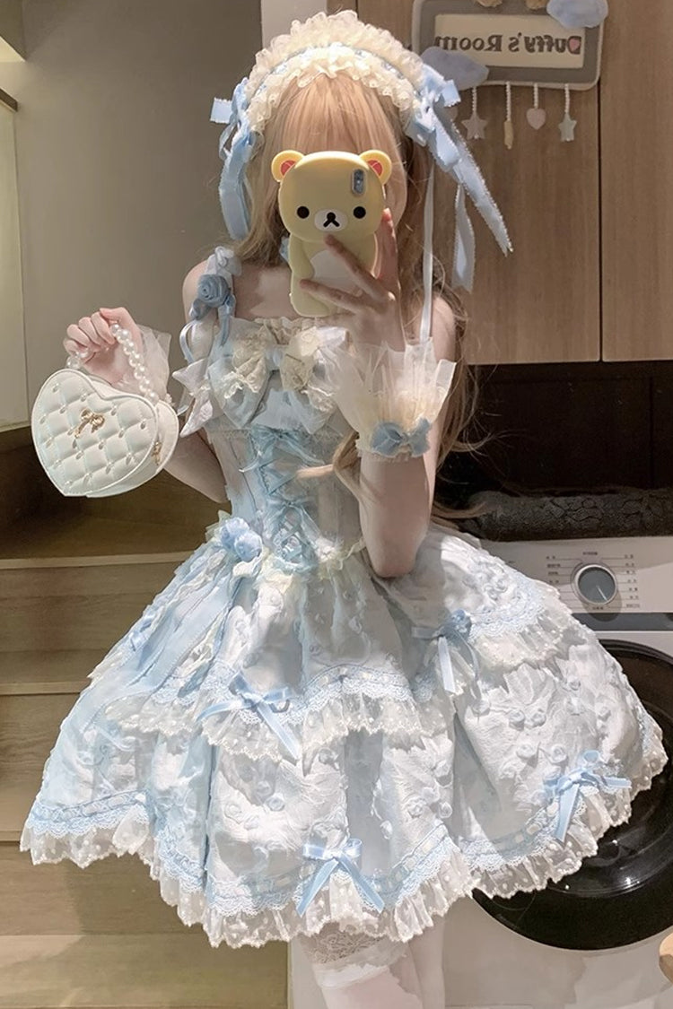 Blue [Floral Overture] Double-Layered Ruffle Embroidery Bowknot Lace Sweet Lolita Jsk Dress