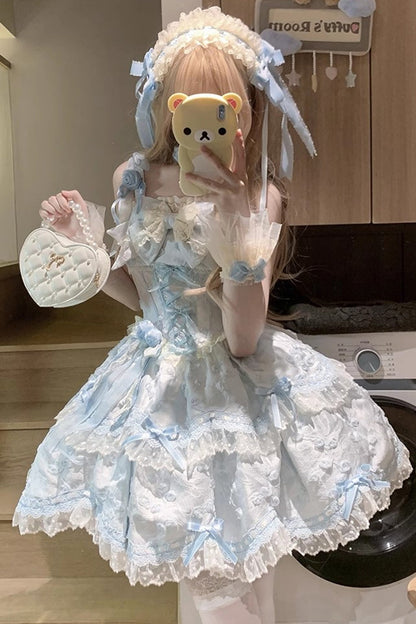 Blue [Floral Overture] Double-Layered Ruffle Embroidery Bowknot Lace Sweet Lolita Jsk Dress