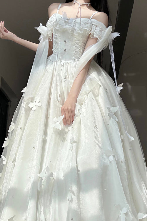 White [Summer Wind Chimes] 3D Butterfly Decoration Bowknot Sweet Lolita Jsk Dress
