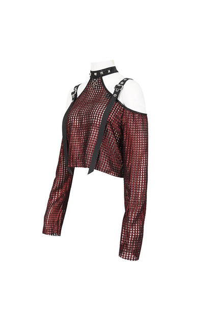 Red Off Shoulder Buckle Sheer Crop Women's Gothic Shirt