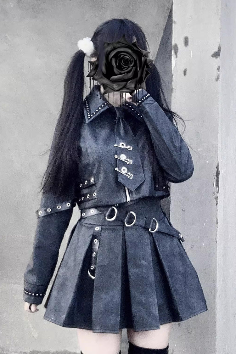 Black [Eternal Night of Bones] Lapel Collar Long Sleeves Studded Eyelet Gothic Jirai Kei Japanese Handsome Top and Skirt Set