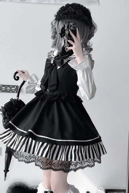 Black [Twilight Song] Stripe Print Bowknot Lace Jirai Kei Jumper Dress