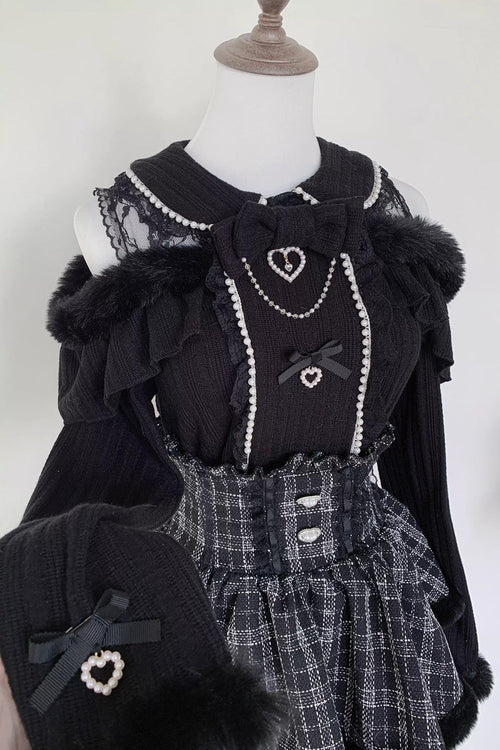 Jirai Kei Off Shoulder Long Sleeves Bow Lace Pearl-Decorated Sweet Knitwear 2 Colors