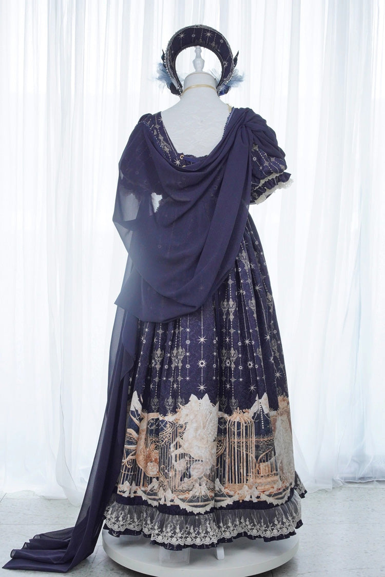Blue [Unicorn] V Collar Short Sleeves Empire Motif Print Embroidery Bowknot Lace Sweet Elegant Lolita Dress