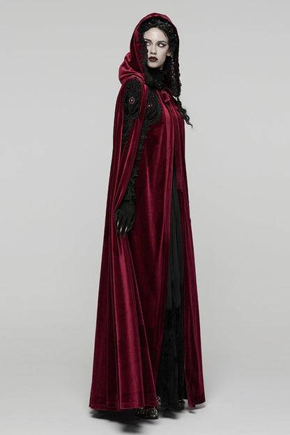 Red Floral Embroidery Diamante Velvet Hooded Women's Gothic Cloak
