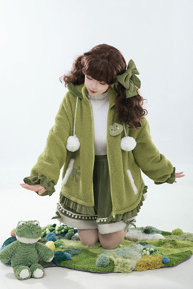 Green [Frog] Long Sleeves Bowknot Hooded Sweet Lolita Coat
