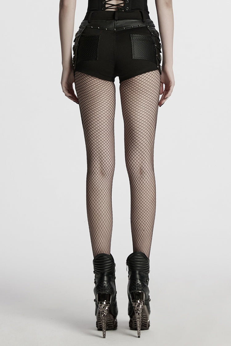 Black Stitching Faux Leather Mesh Studded Women's Punk Shorts