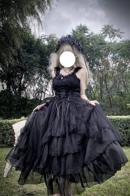 Black [Moonlight Sonata] Ruffle Cardigan Bowknot Lace Gothic Vintage Lolita Jsk Dress