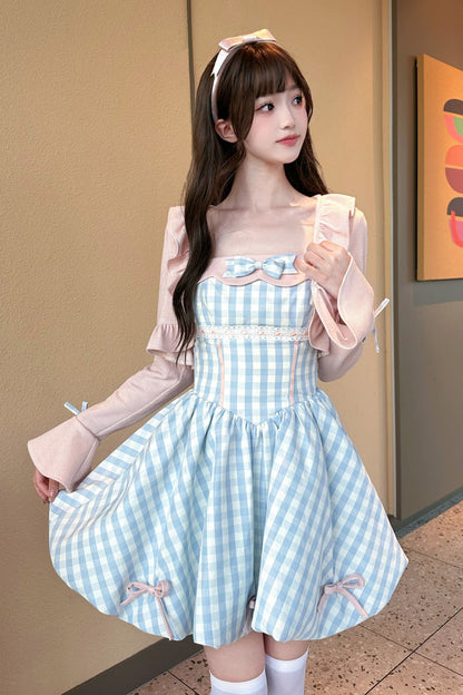 Blue [Sea Salt Strawberries] Sleeveless Plaid Print Bowknot Sweet Lolita Jsk Short Dress