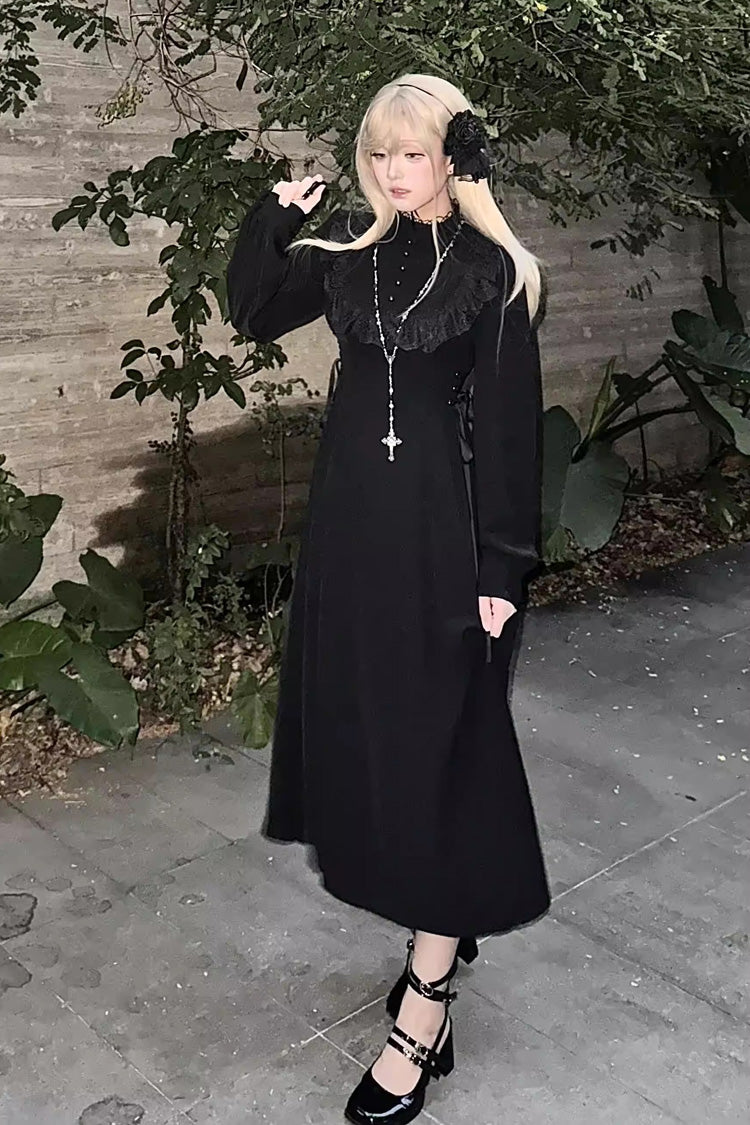 Black Stand Collar Long Sleeves Ruffled Lace-Up Gothic Lolita Dress
