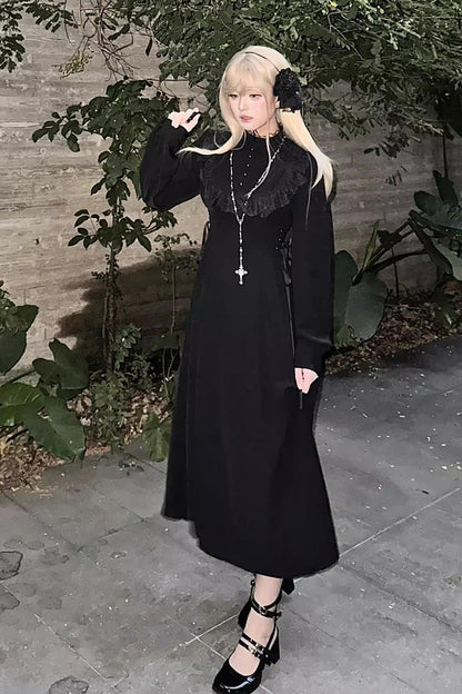 Black Stand Collar Long Sleeves Ruffled Lace-Up Gothic Lolita Dress