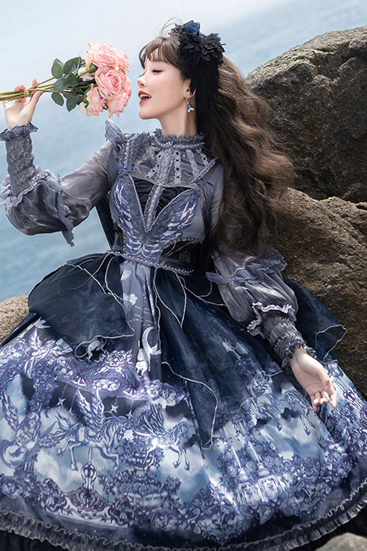 Blue [Angel Garden] Print Ruffle Bowknot Asymmetric Classic Elegant Lolita Jsk Dress