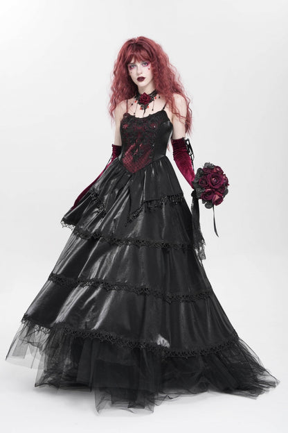 Black Sleeveless Multi-Layered Embroidery Pearl Women's Gothic Slip Dress
