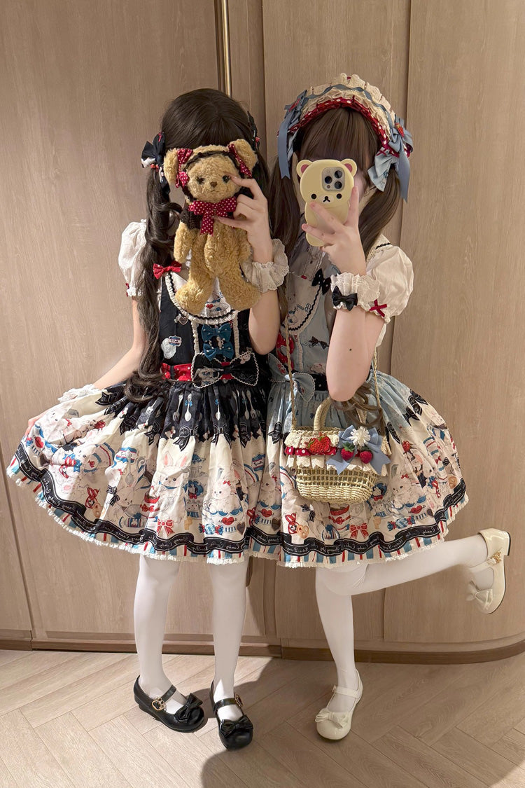Black [Mystery Rabbit Tea Party] Sleeveless Print Bowknot Lace Sweet Lolita Strap Dress