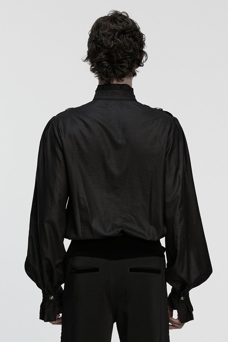 Black Stand Collar Long Puff Sleeves Ruffle Pleated Men's Gothic Blouse