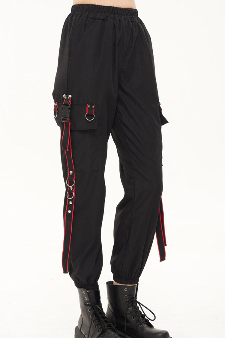 Black Punk Casual Skull Webbing Decoration Women's Long Pants