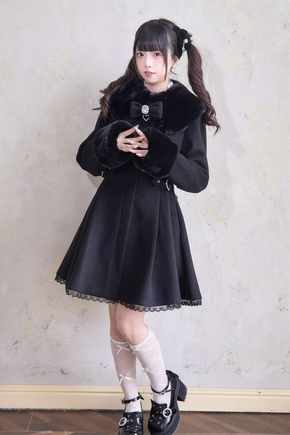 Sweet Plush Collar Waist-cinched Long Sleeves Bowknot Lace Japanese Lolita Coat 4 Colors
