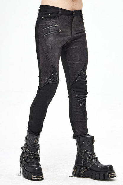 Black Punk Glued Fake Two Pieces Mens Pants
