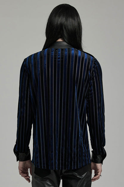 Black/Blue Lapel Collar Stitching Slim Men's Gothic Blouse